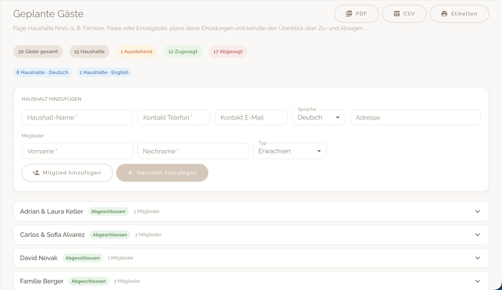 Haushalte und Einladungen übersichtlich verwalten